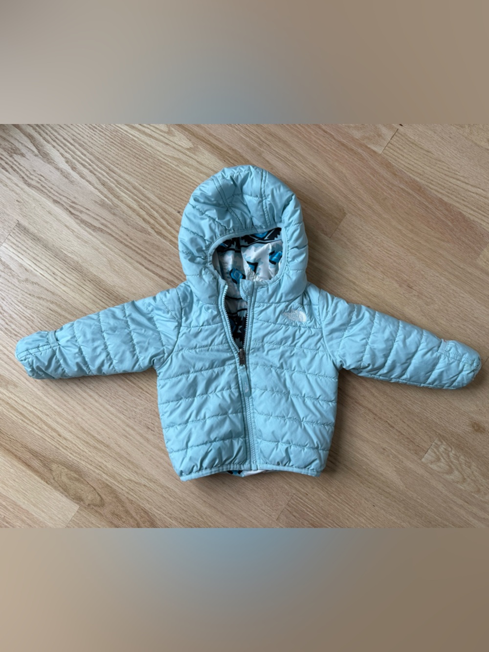 The North Face Baby Reversible Puffer Jacket Hooded Blue Infant Coat 6-12M